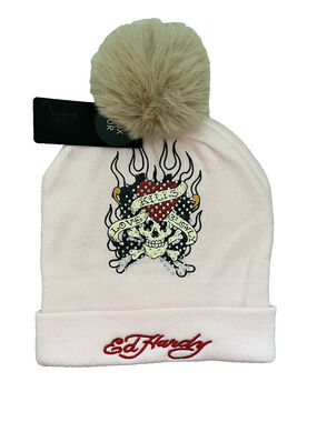 Women's Ed Hardy Pink One Size Winter Pom Pom Hat Rhinestones New With Tags